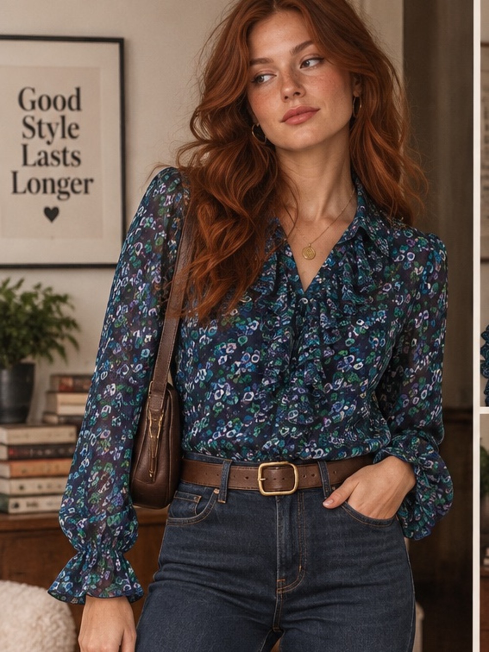 Floral Ruffle Tie-Neck Blouse - Navy/Green romantic vintage / dark-academia feel